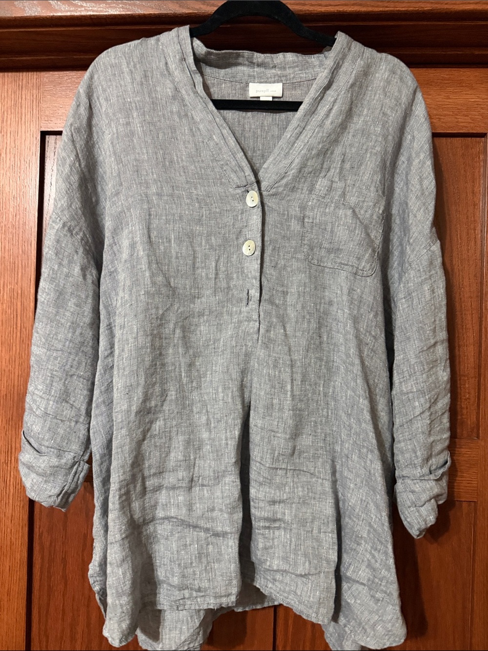 J. Jill Light Gray Linen V-Neck Button Tunic